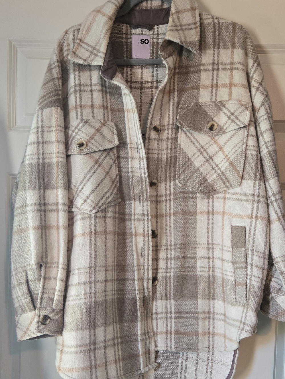 SO Plaid Utility Shacket Jacket in Cream and Taupe